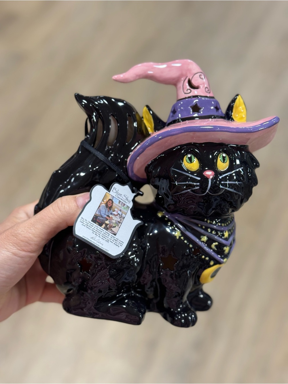 Blue Sky Black Cat Figurine with Pink Witch Hat and Purple Accents
